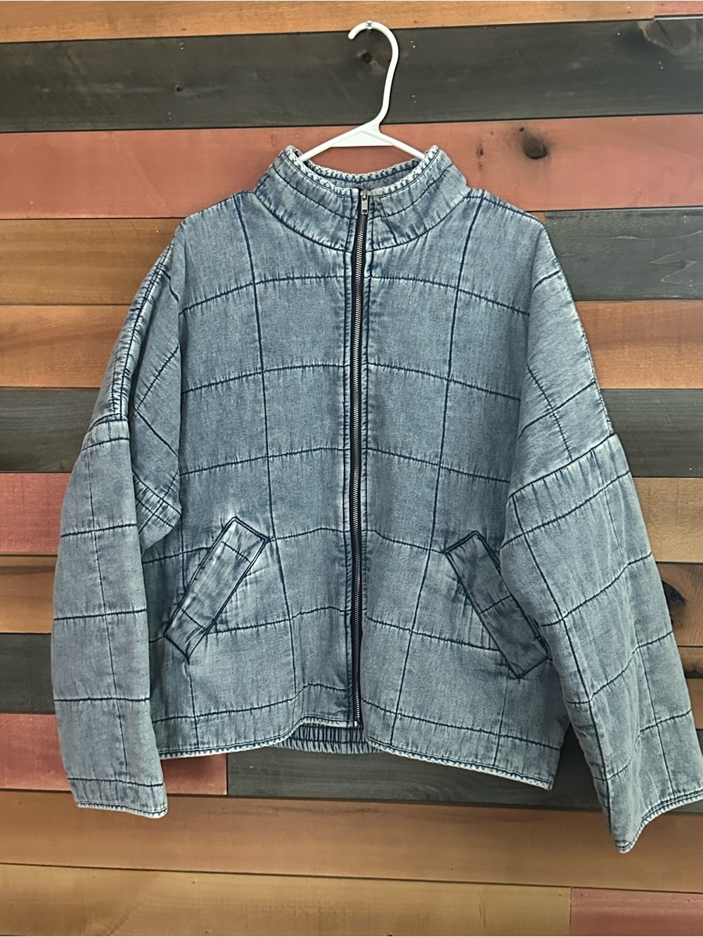 Acid Wash Quilted Denim Jacket | Oversized Zip Front | Lightweight Blue | Women’